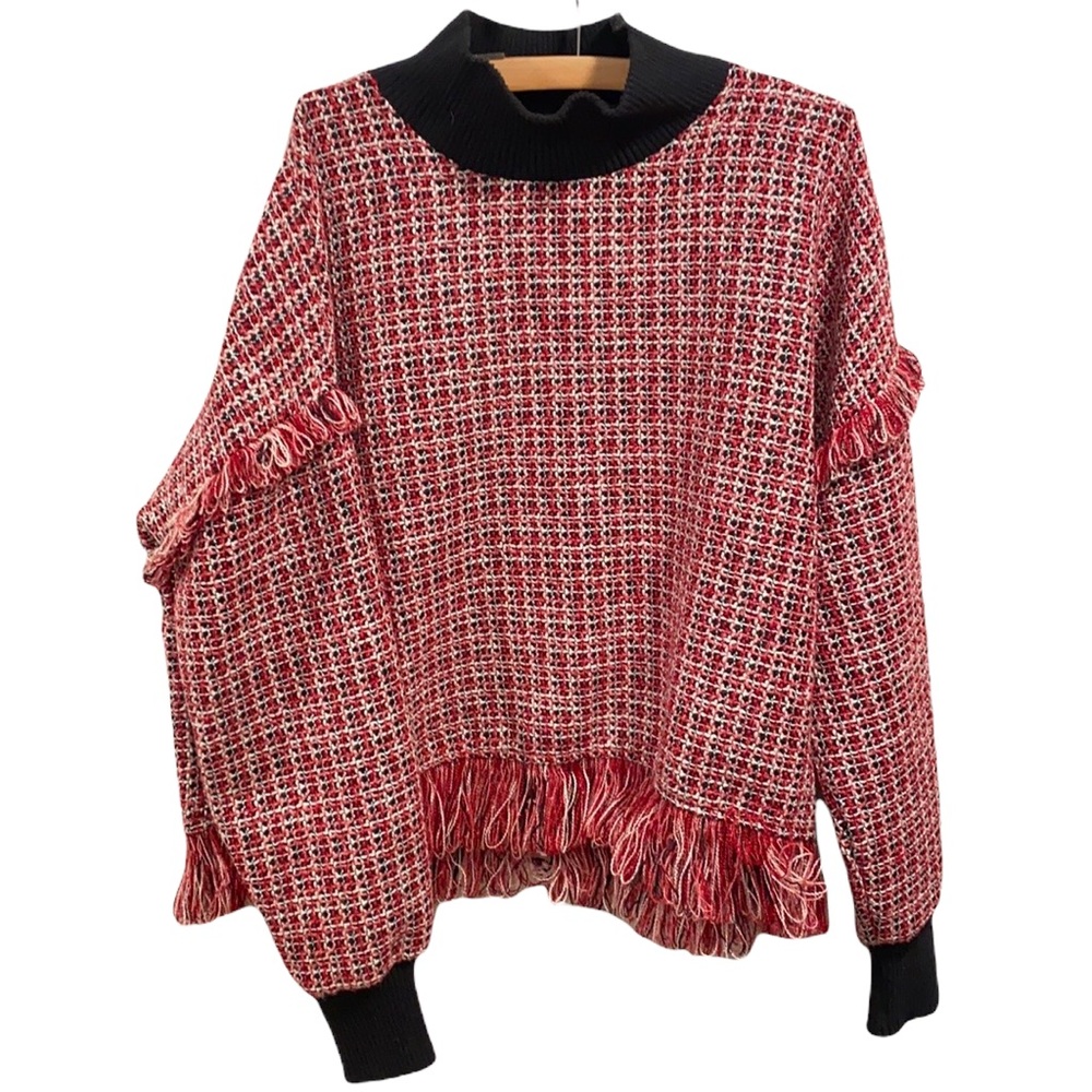 Zara red black and blush tweed sweater